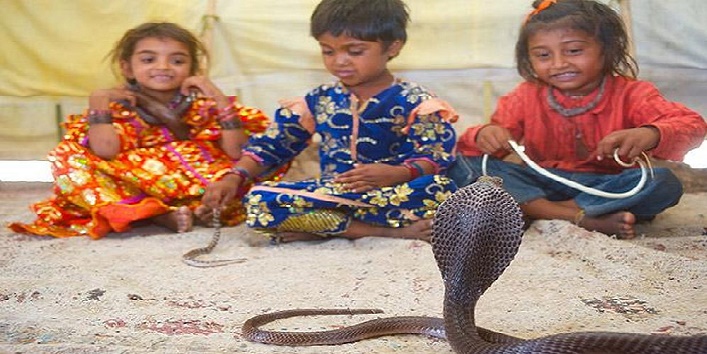 Indiankids playing with snake