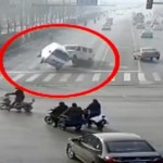 Vehicles moving on the road were suddenly blown away in the air in China