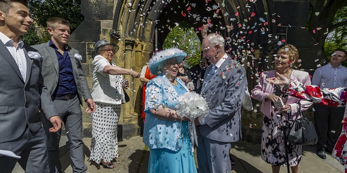 Wedding Day of Sally, 82 and Colin, 85, Dunn, at St Mary's Church Middleton, Leeds, who finally got married after a 44 year long engagement. See Ross Parry copy RPYWED : A devoted couple have finally put life's busy events aside and walked down the aisle - 44 YEARS after they met.  Sally, 82, and Colin Dunn, 84, met in 1972 when they were in their late 30s when Sally worked behind the bar of the social club that Colin visited every weekend after work.  And it was in that very social club, more than four decades later, that the couple celebrated their wedding with over 100 of their closest family and friends. Remembering the times he used to visit Sally at Middleton Social Club in leeds, West Yorks., Colin said: "Sally used to serve me every weekend when I'd go in every weekend. "We got chatting and she got used to me going. Eventually, I asked her out."