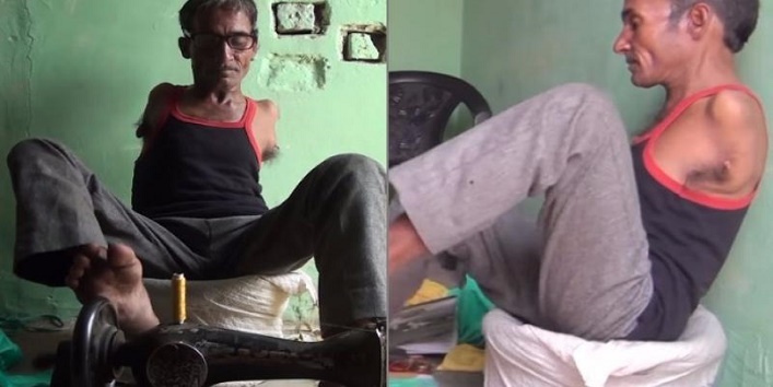 This man does all his chores with legs because he does not have hands cover